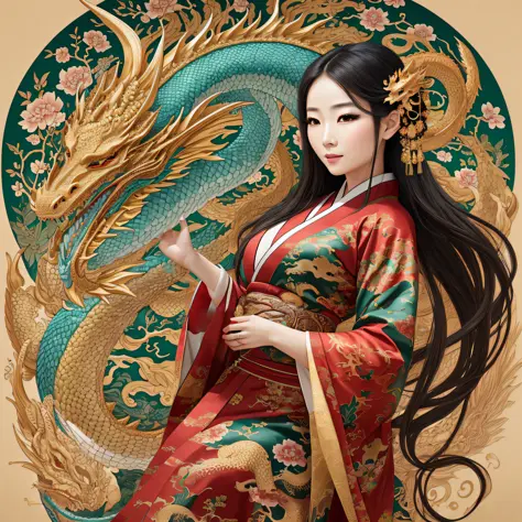 there is a woman in a red and green dress holding a dragon, a beautiful artwork illustration, the dragon girl portrait, japanese...