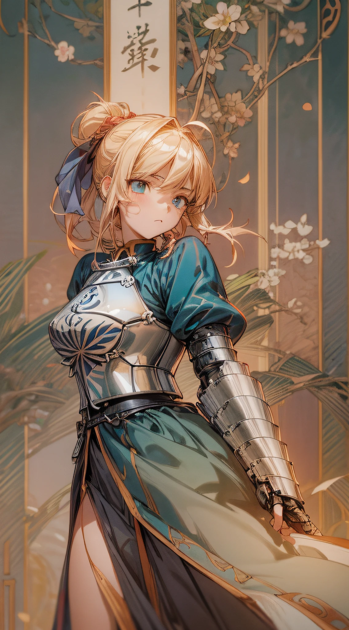 masterpiece, best quality, high resolution, super detailed, art book, anime coloring, CG, illustration, fantasy, 1 girl, solo, blood, male focus, looking at the audience, attorian pendragon \ (fate\), armor, detailed beautiful face and eyes, full body , mild sunlight ,warm environment, capable slender figure, big breasts ,dexterous dynamics, dim light gathered on the girl, chinoiserous scene ,tear moles ,peach blossom eyes, --auto --s2