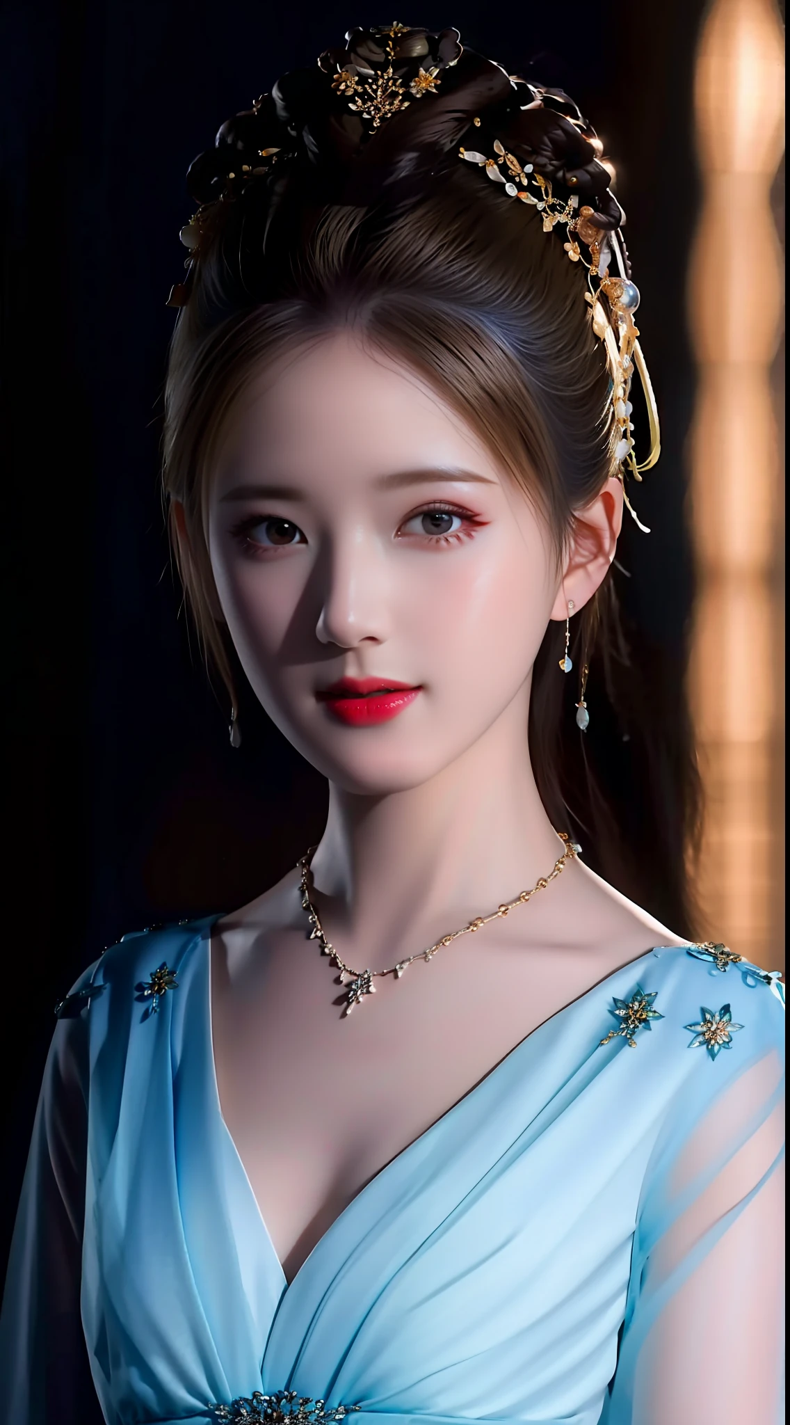 best quality, masterpiece, highres, 1girl,china dress,hair ornament,necklace, jewelry,Beautiful face,upon_body, tyndall effect,photorealistic, dark studio, rim lighting, two tone lighting,(high detailed skin:1.2), 8k uhd, dslr, soft lighting, high quality, volumetric lighting, candid, Photograph, high resolution, 4k, 8k, Bokeh, blonde hair,