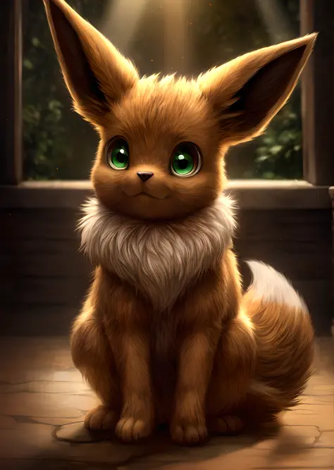 solo ((feral eevee)) with ((brown body)) and (white neck tuft) and ((fluffy tail)) and ((clear green eyes)), (detailed feral brown fox eevee), (detailed lighting), (detailed brown fox fur), BREAK, (cinematic lighting), ((detailed background)), ((depth of f...