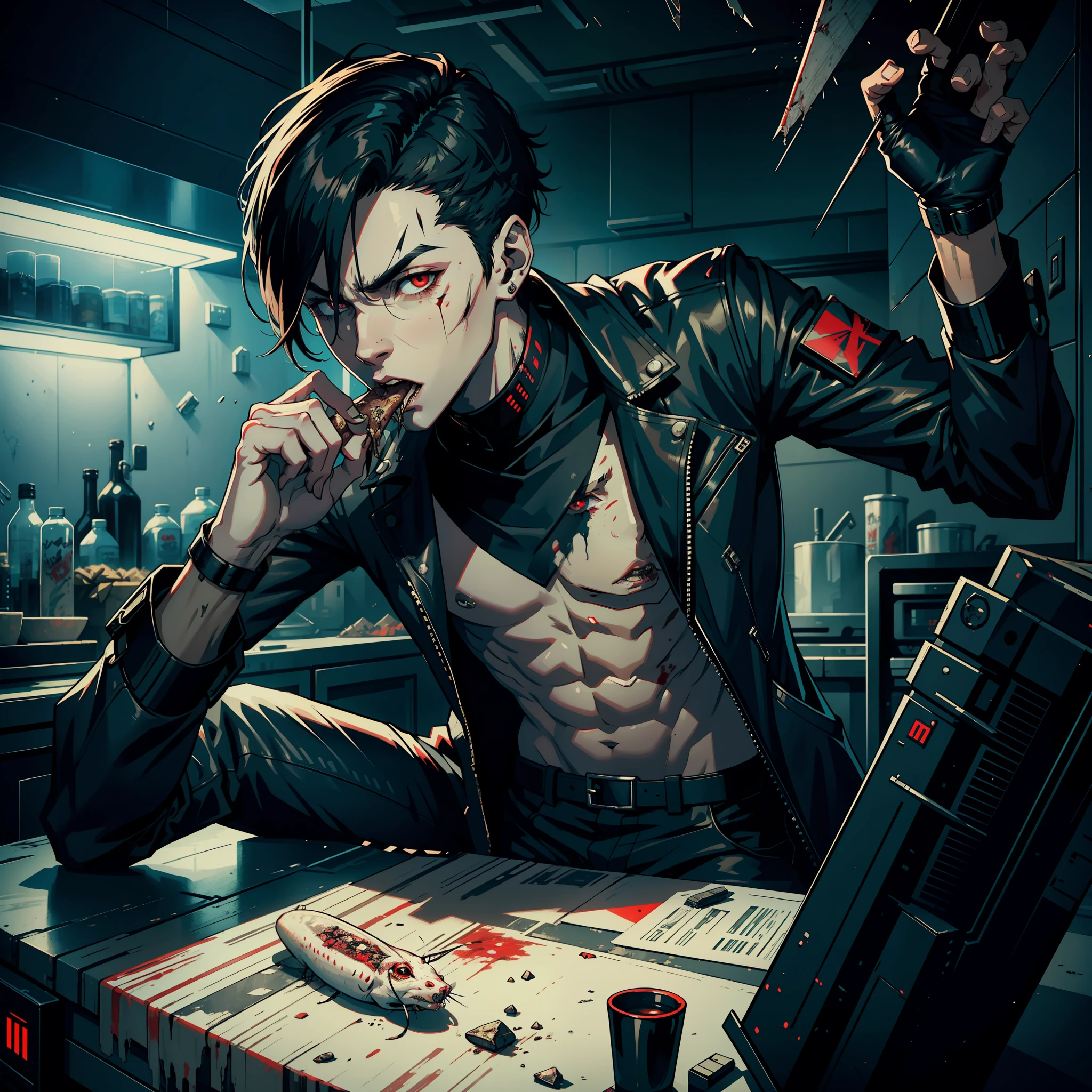 Anime guy with blood on his face sitting at a table - SeaArt AI