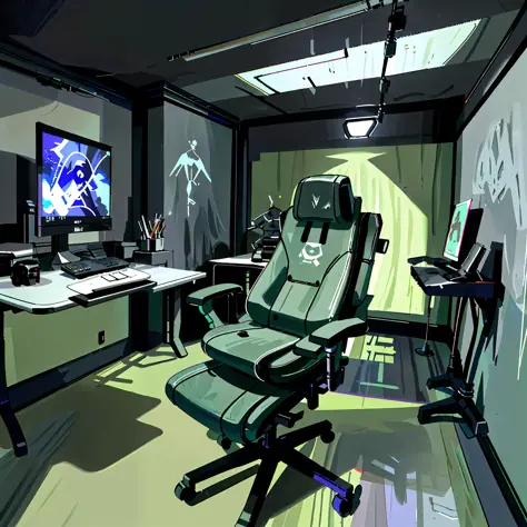A futuristic gaming room with sleek, minimalistic design, featuring a high-tech gaming setup with multiple monitors, RGB lighting casting vibrant hues throughout the room, ergonomic gaming chair with adjustable controls, and a state-of-the-art virtual real...
