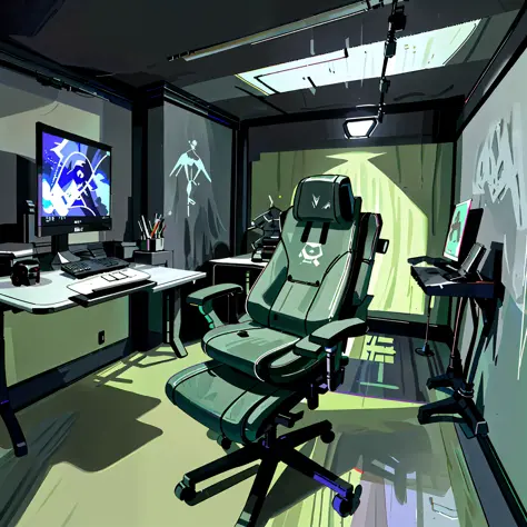 a futuristic gaming room with sleek, minimalistic design, featuring a high-tech gaming setup with multiple monitors, rgb lightin...