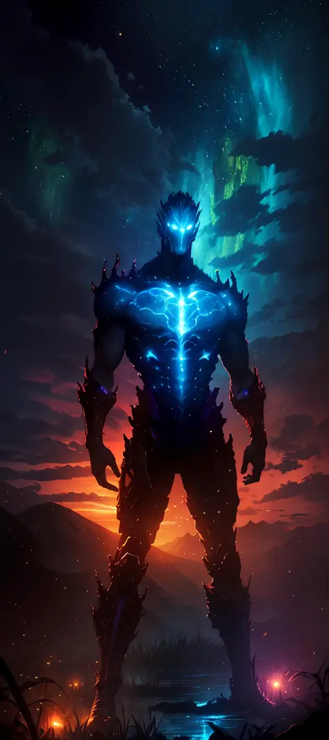 side pose Vast landscape photo, (viewed from below, the sky is above and the open field is below), a cyborg anti hero man, with alligator characteristics standing on a blood bath of bodies looking up, (full moon: 1.2), (meteor: 0.9), (nebula: 1.3), distant...