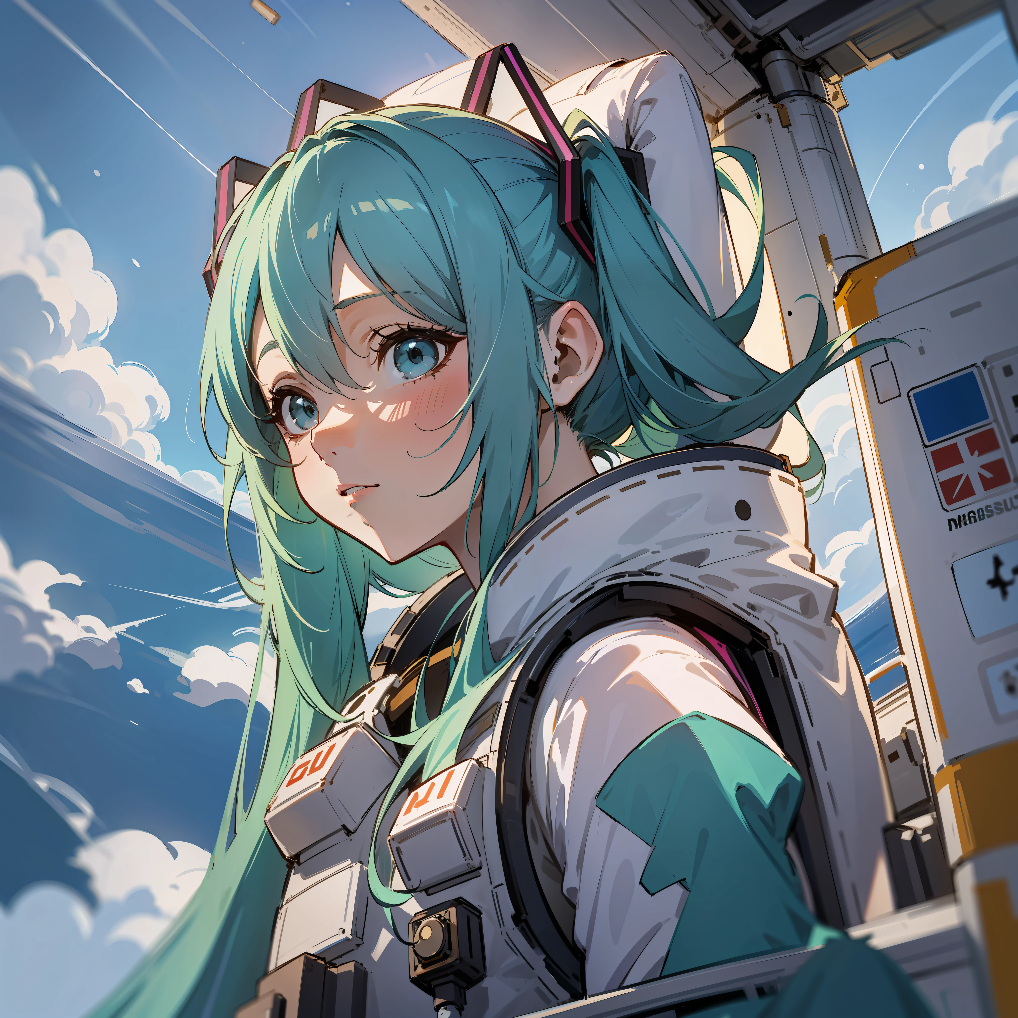 Hatsune Miku vestida como uma astronauta na Estação Espacial Internacional