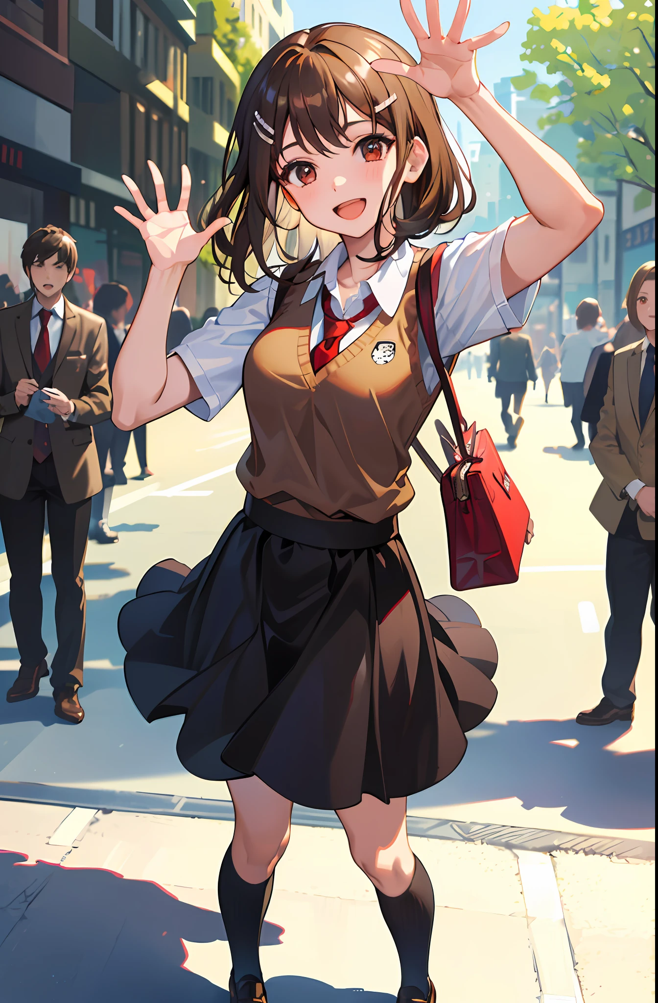 (masterpiece,best quality, detailed), 1girl, solo focus, outdoors, street, crowd, day, smile, open mouth, waving, arm up,
sakurajima mai, brown jacket, red necktie, white shirt, blue skirt, sweater vest, hairclip, loafers