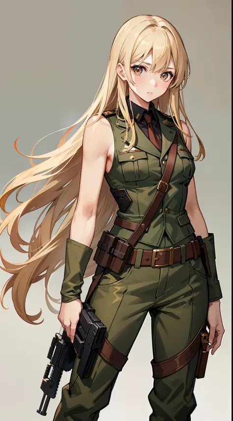 Young girl, long lush blonde hair, brown eyes, soldier's uniform, sleeveless, pants, gun, funny look, masterpiece, high quality