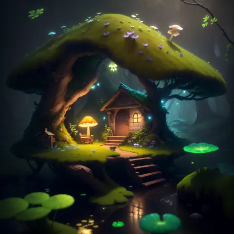masterpiece, best quality, (extremely detailed CG unity 8k wallpaper), (best quality), (best illustration), (best shadow),（ A mushroom house covered with moss）,(((dew))),（timbo）,（creek）,firefly,clover,wtarlight surrounds the room，petal, isometric 3D, octan...