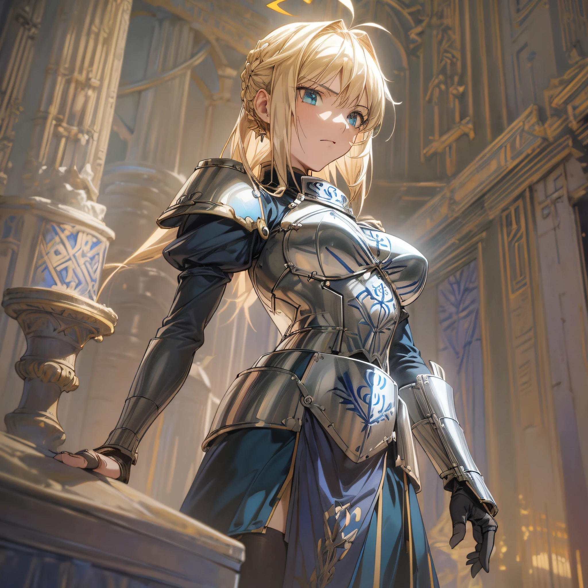 Artoria Pendragon \ (Destiny\, Masterpiece, Best Quality, High Resolution, Ultra Detailed, Art Book, Anime Coloring, CG, Illustration, Fantasy, 1 Girl, Solo, Blood, Male Focus, Looking at the Audience, Artorian Pendragon \ (Destiny\), Armor, Detailed Beautiful Face and Eyes, Full Body , Mild Sunlight ,Warm Environment, Capable and Slender Figure, Big Breasts ,Dexterous Dynamics, Dimly lit Surrounding Light Gathered on Maiden, Greece --auto --s2