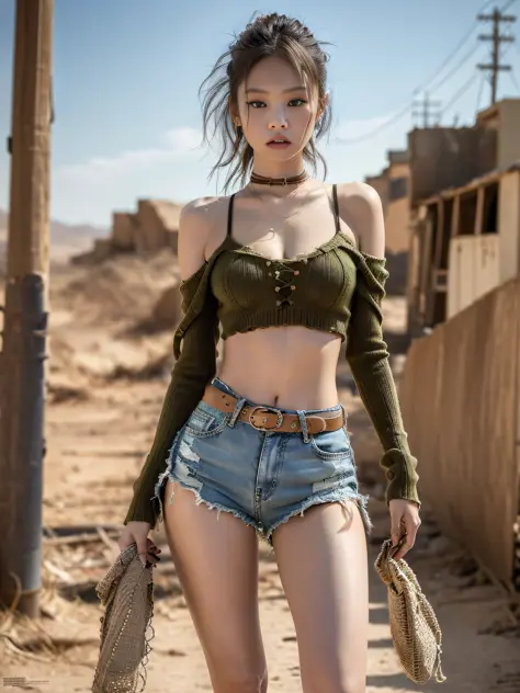 masterpiece, superlative, realistic, jennie wearing khaki torn knit, lace-up denim shorts shabby, bare waist, bare shoulders, cl...