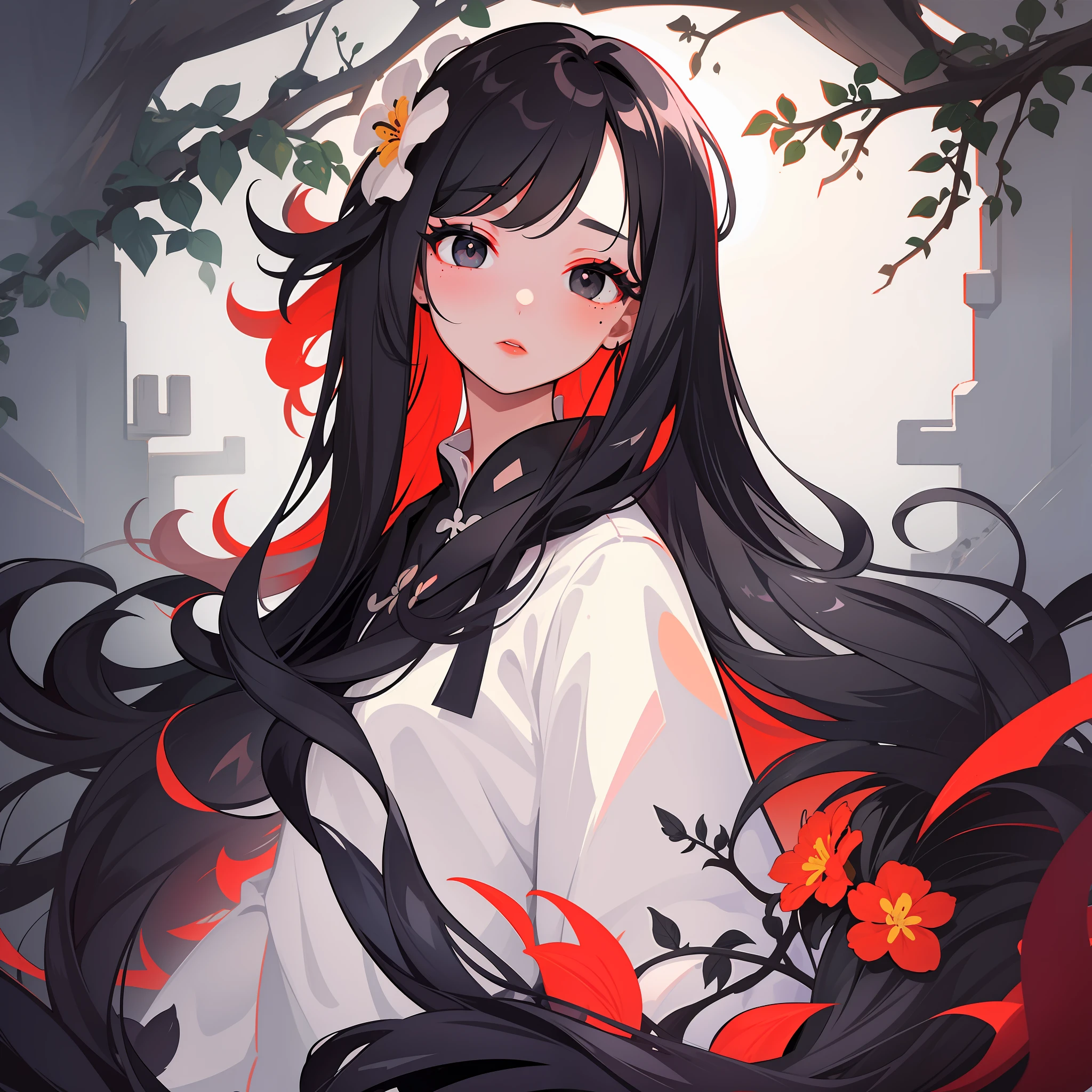 1girl, solo, black_hair, flower, looking_at_viewer, long_hair, red_lips, upper_body, bangs, parted_lips, makeup, from_side, mole_under_eye, mole, blush, portrait, grey_eyes, black_eyes, hanfu, hair_flower, branch, looking_to_the_side