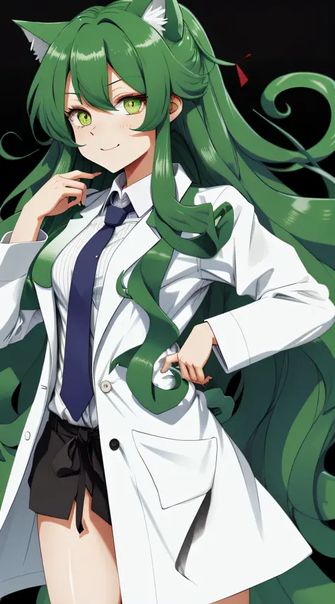 Obverse, Nekomimi, long curly hair, green hair lab coat, small tie cartoon picture