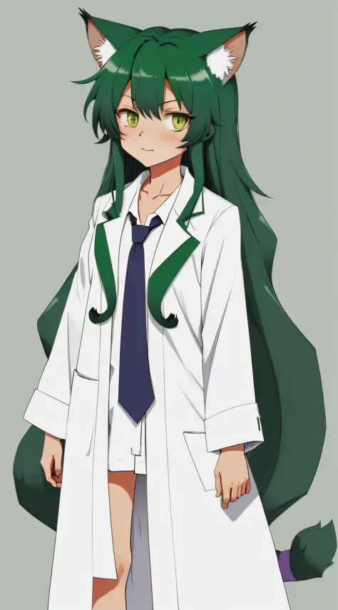 Obverse, Nekomimi, long curly hair, green hair lab coat, small tie cartoon picture