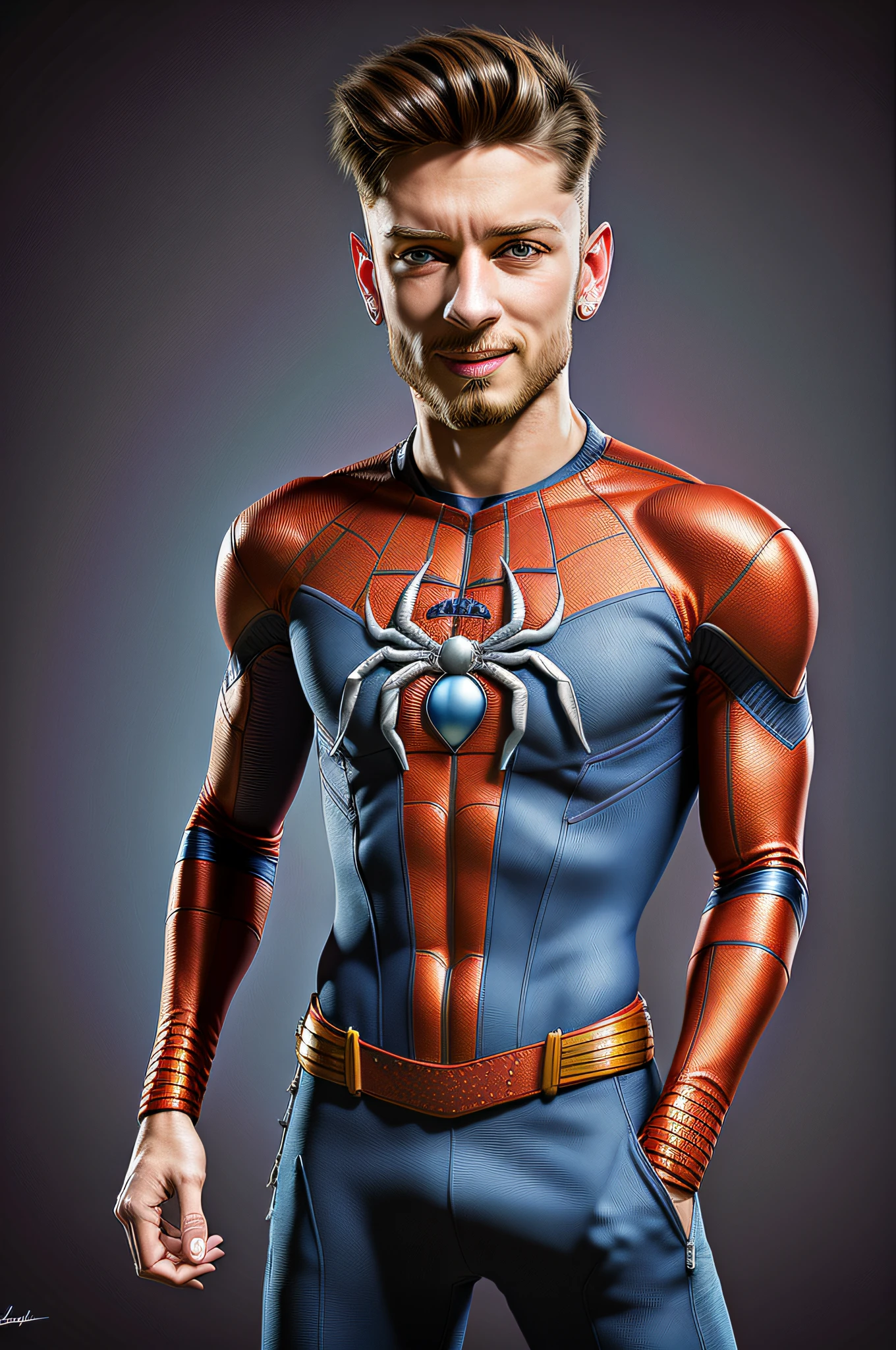 (Pixar style: 1.25) A waist-high portrait of (chrisbrigido) with serious spider-man clothing, blue eyes, enigmatic look, natural skin texture, 4k textures, HDR, intricate, highly detailed, sharp focus, cinematic visual, hyper-detailed