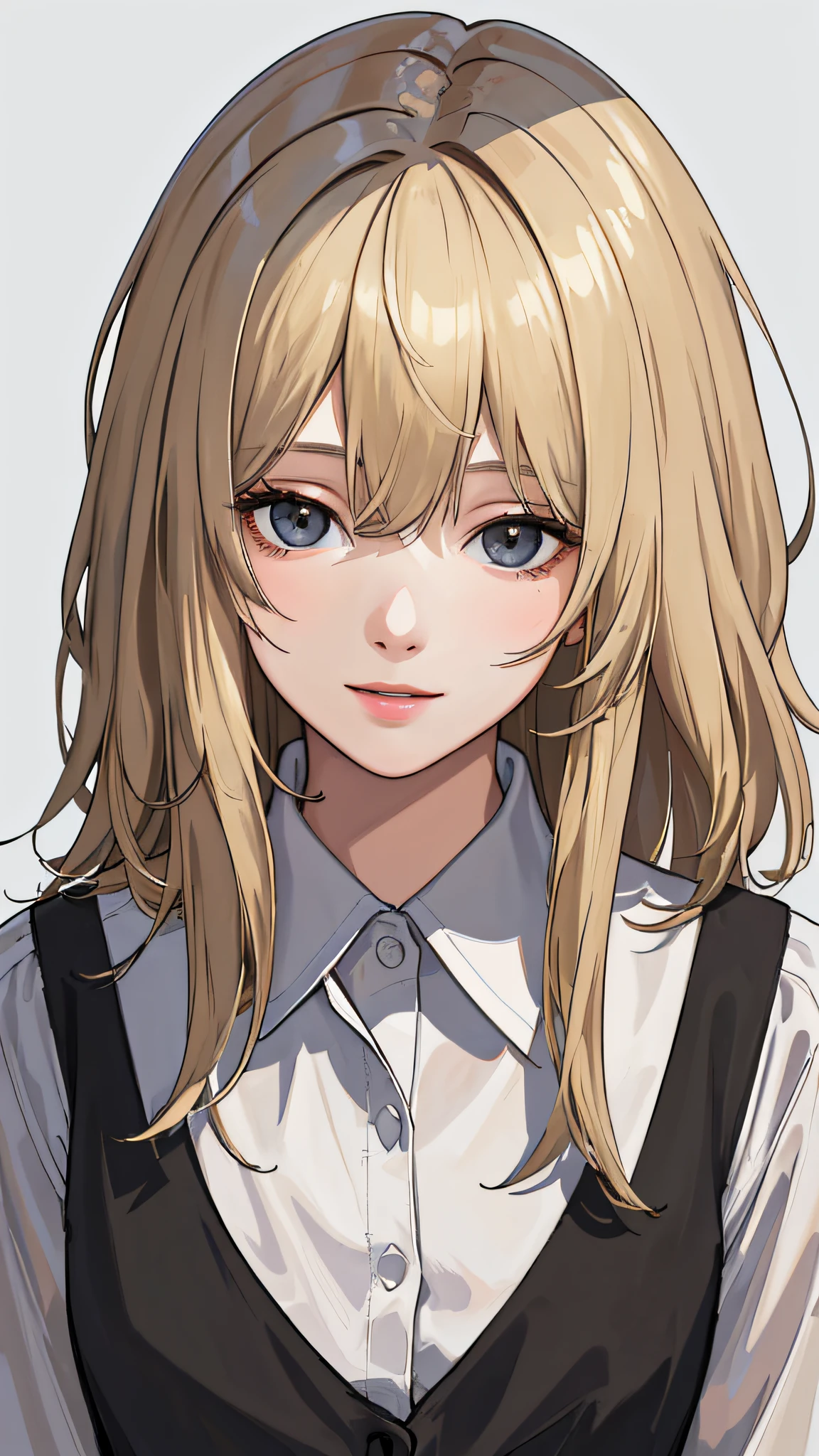 (masterpiece:1.1), (best quality),(disheveled hair),(illustration), (1girl), adult, [realistic], standing, looking at viewer, close up, happy, (simple background), detailed beautiful face, (white professional shirt), dirty blonde hair, medium length hair, bangs, hair in face, shaggy hair, superflat style, gray background, dark lighting