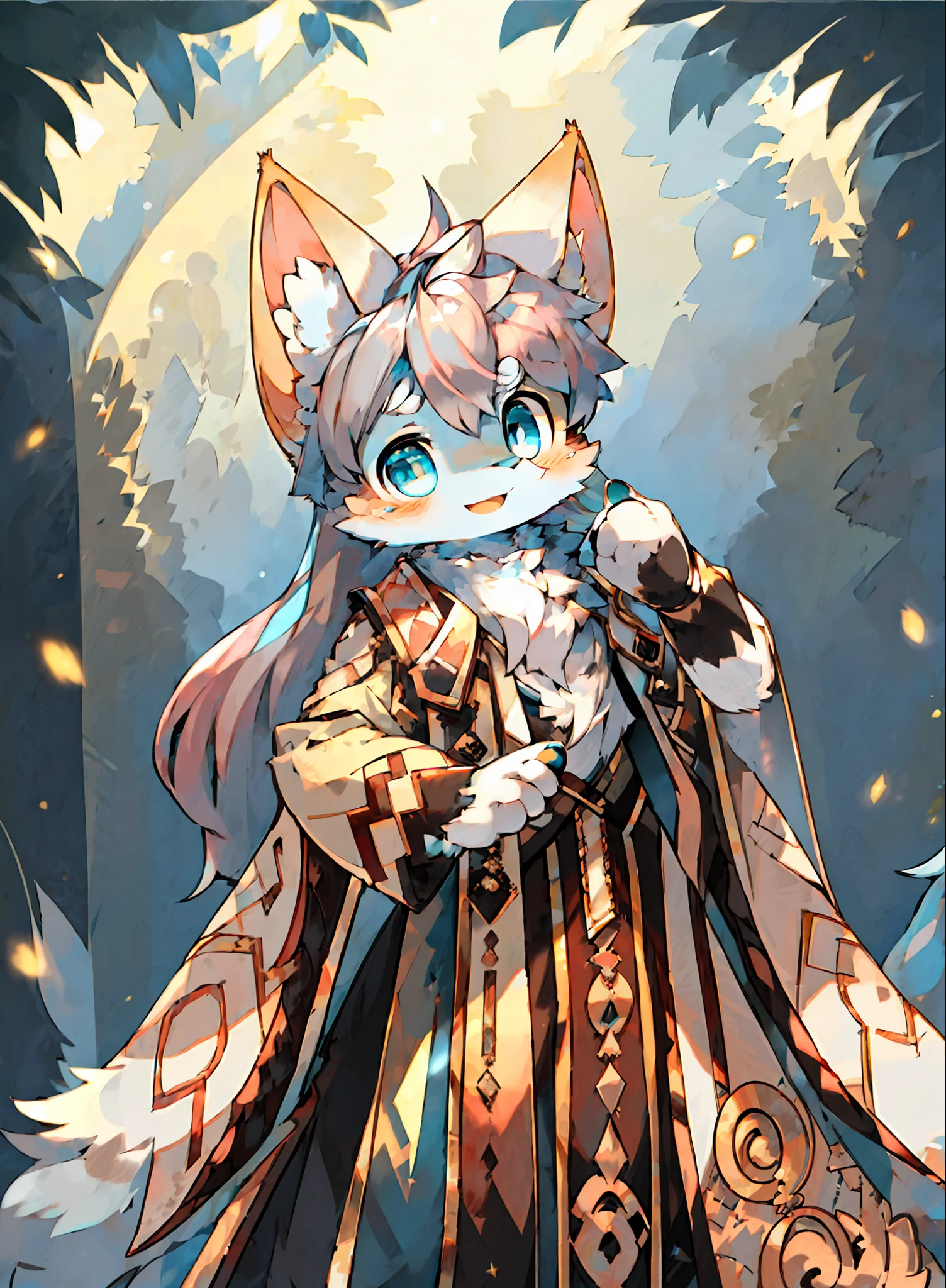(1 boy: 1.3), fox boy, (furry: 1.5), light blue fur, blue eyes, blonde, body fur, super cute face, beautiful light and shadow, ambient light, super detailed fur, full body, perfect lighting, light particles, (masterpiece), (super detailed), sharp focus, light particles, niji, eye look, blush, colored hair, long hair, silver hair, pink hair, smile, solo, look at the audience, smile, solo, furry, animal ear flull, open clothes, tail, open mouth, depth of field, (best quality) JW3, modern clothing