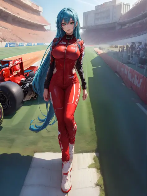 ((full body):2) (({only one woman}:1.2):{((wearing red formula 1 runner suit)1.2), ((long blue hair down to shoulders, sparkling...