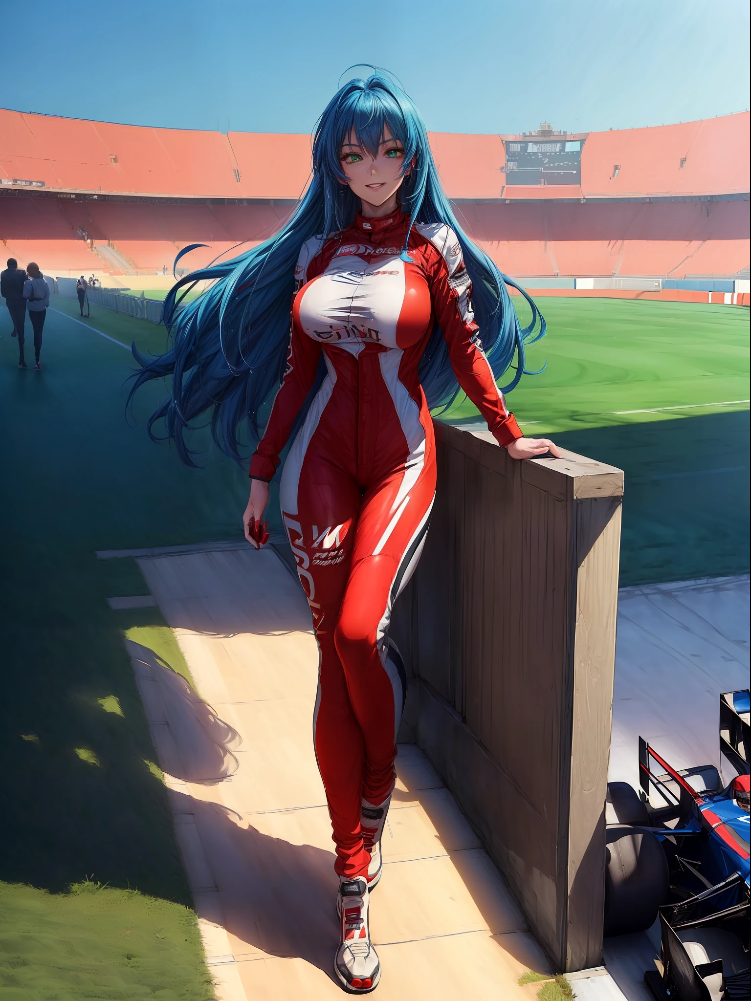 ((full body):2) (({Only one woman}:1.2):{((wearing red formula 1 runner suit)1.2), ((long blue hair down to shoulders, sparkling green eyes) 1.3), ((striking an erotic pose in a formula 1 car, looking at the viewer, smiling):1.3), ((extremely large breasts):1.2)}, \n (({Hypodromia from formula 1 racing, is in night, raining heavily, several people are in the stands}):1.3), anime, anime style, 16k, ((best quality, high details):1.4), masterpiece, UHD