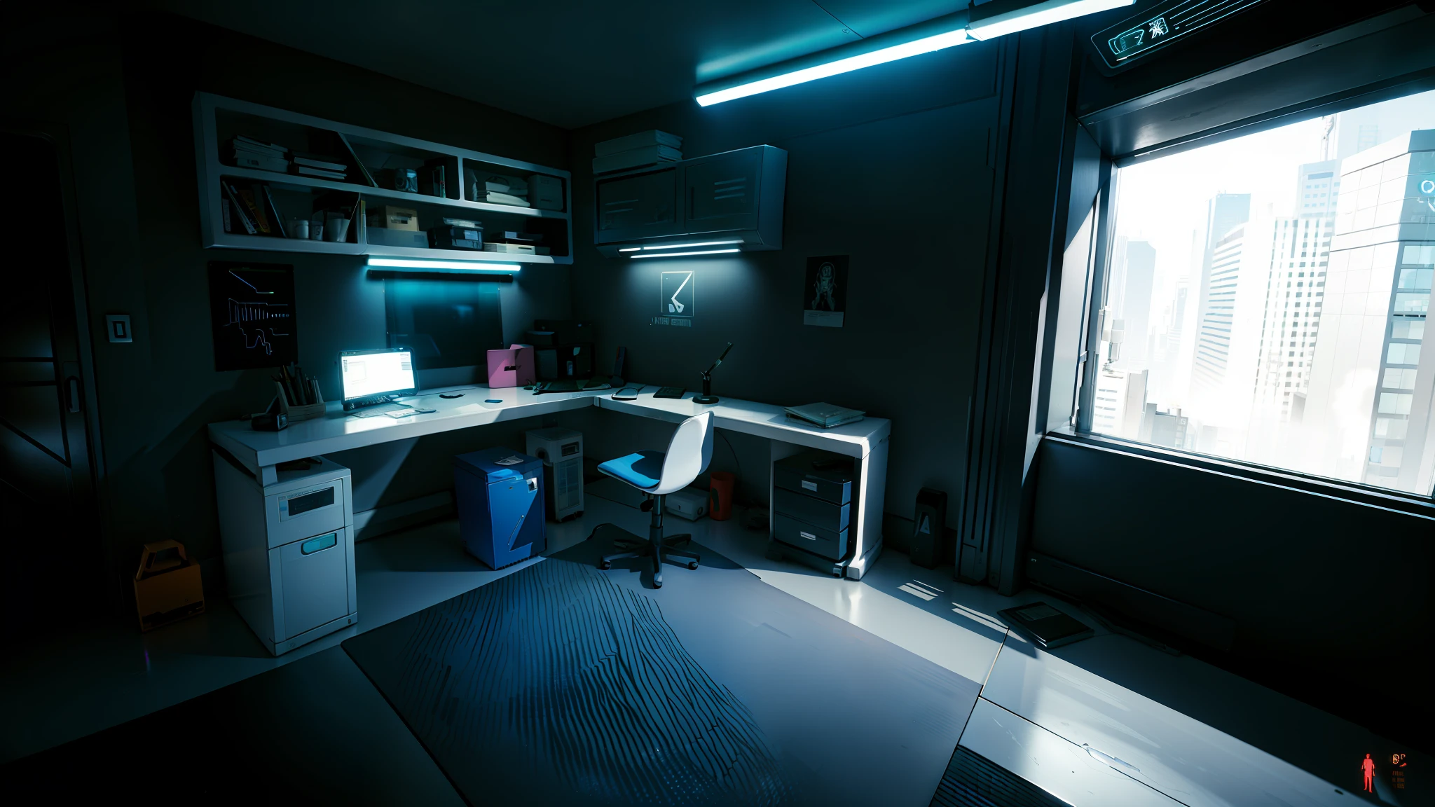 v'home,computer desk,neon lights,neon trim,(high quality, best quality, hi res), (ultimate phtoreal Concept Art),