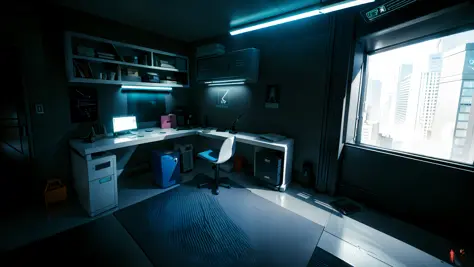 v'home,computer desk,neon lights,neon trim,(high quality, best quality, hi res), (ultimate phtoreal concept art),