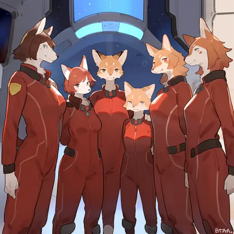 group photo, red uniform, red uniforms, red jumpsuit, red spacesuit, female, smiling, facing viewer, standing shoulder to should...