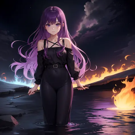 draw half fire, half water looking at the viewer, purple lunar environment