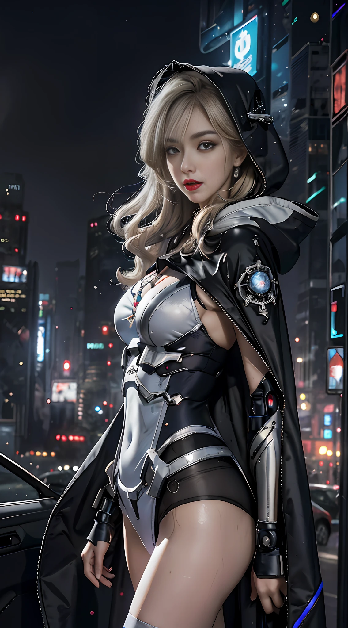 Masterpiece, Best Quality, 4k, Mecha, Starry Sky (Sky), Cape, Hair Ribbon, Super Big, Big Ass, Hood, Long Hair, White Hair, Cyberpunk, Depth of Field (Ultra Realistic), (Blonde Curly), Ponytail, (Super))), ((Plump Body)), (Super Big), (Plump)), (Big Ass)), ((Big Butt)), ((Nipple Exposed))), (Detailed description of hair), (detailed description of the face), (detailed description of the body), (white and translucent skin), incomparable beauty, (extreme beauty), (without underwear))), ((stockings)), (less clothes), (very few clothes), (dark blue lace underwear))), (ruby necklace), (jewelry earrings), ((stockings)), beauty mole, (mature royal), (red lips), ( touching), (seductive seduction smile), (facing the viewer)), ((night)), (breast close-up)), (close-up)), ((lying on the couch)), (hands placed behind the head)), ((without panties)), (spread legs)))), (((sweating))),