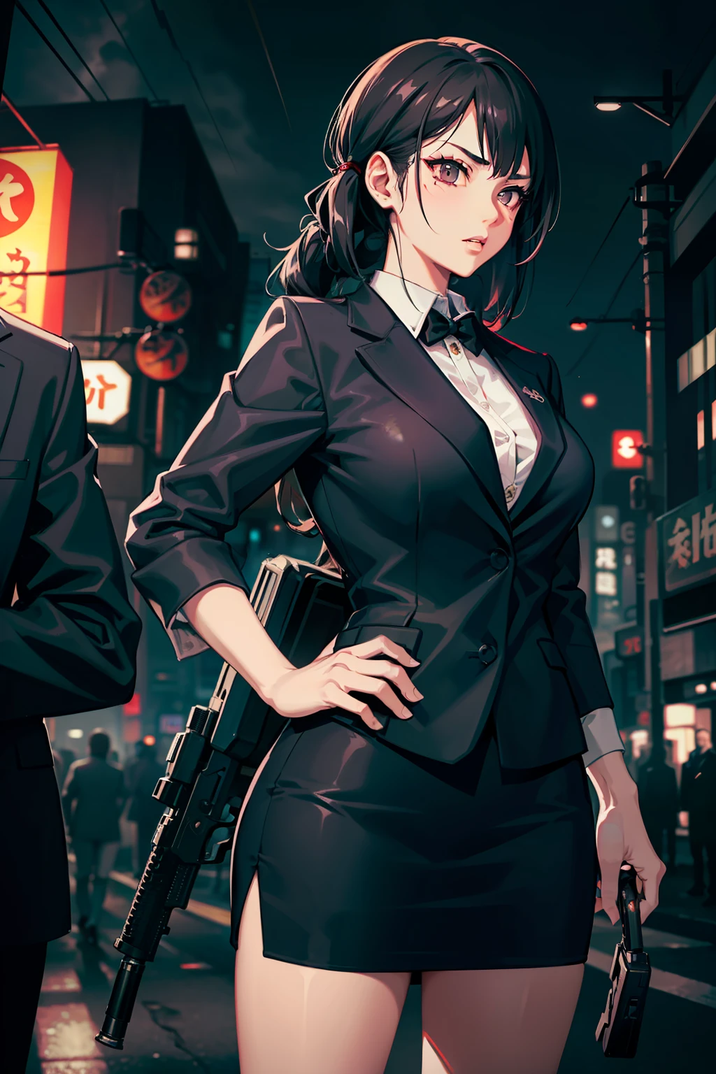 japanese yakuza mobster girl with a dark gray suit, miniskirt, pencil ...