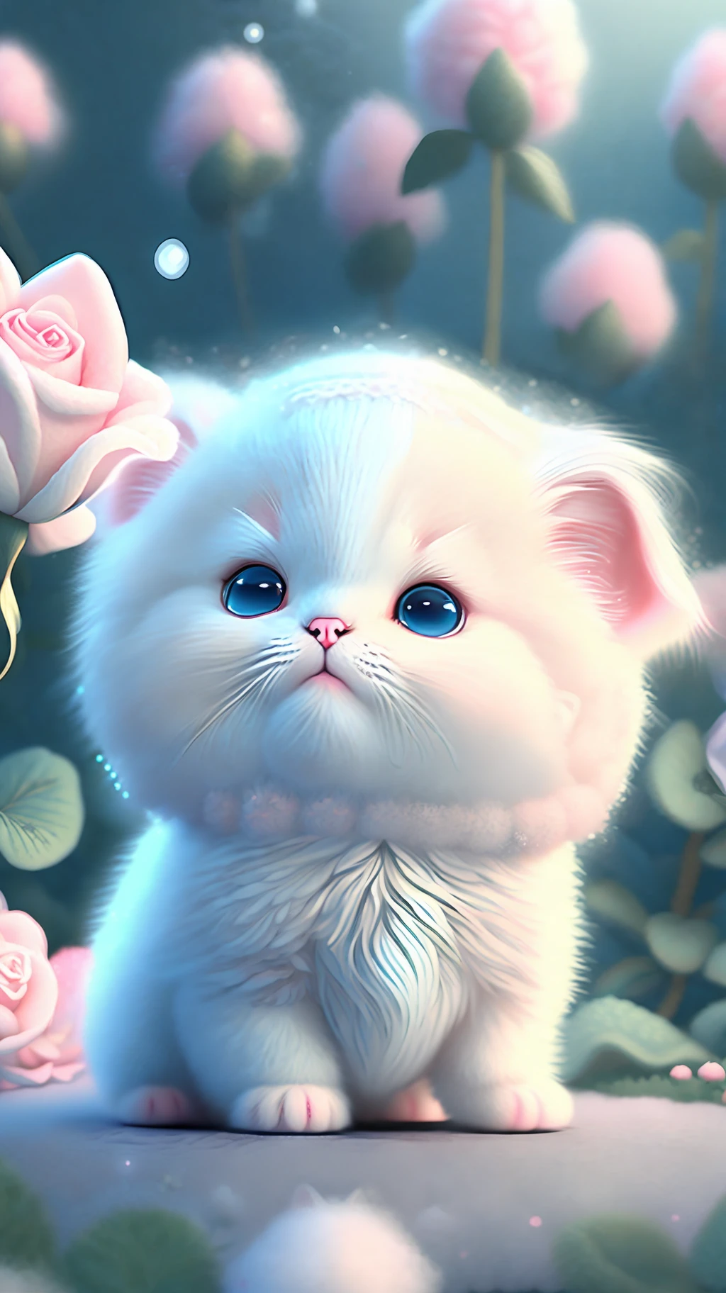 在这张超精细的 CG 艺术作品中, 可爱的小猫被飘逸的玫瑰包围着, 笑声, 最好的质量, 高分辨率, 复杂的细节, 幻想, 可爱的动物, 左边, 有趣的, 左边!! 嘴!!! 笑!!!