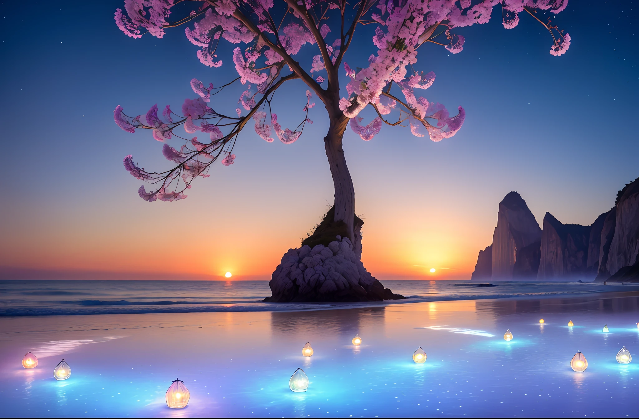 海灘上許多美麗的淡粉紅色大玻璃和淺色燈籠的 CG 渲染，一圈圈閃閃發光的玫瑰花結像玻璃一樣晶瑩剔透. 透明顏色 彩色寶石, 透明的, 閃閃發光的, 雪白的海灘, 藍色的海, 珍珠, 超細節, 螢火蟲, 燈光效果, 日落, 日落, 照亮童話般的浪漫: 托馬斯·金凱德 1 英寸, 克倫茨和維克托·納吉, CG社會趨勢, 柔光, 超廣角, 遠景, 童話, 幻想, 8k高清壁紙: 1件, 過飽和, 簽名, 模糊, 景深高清 16k