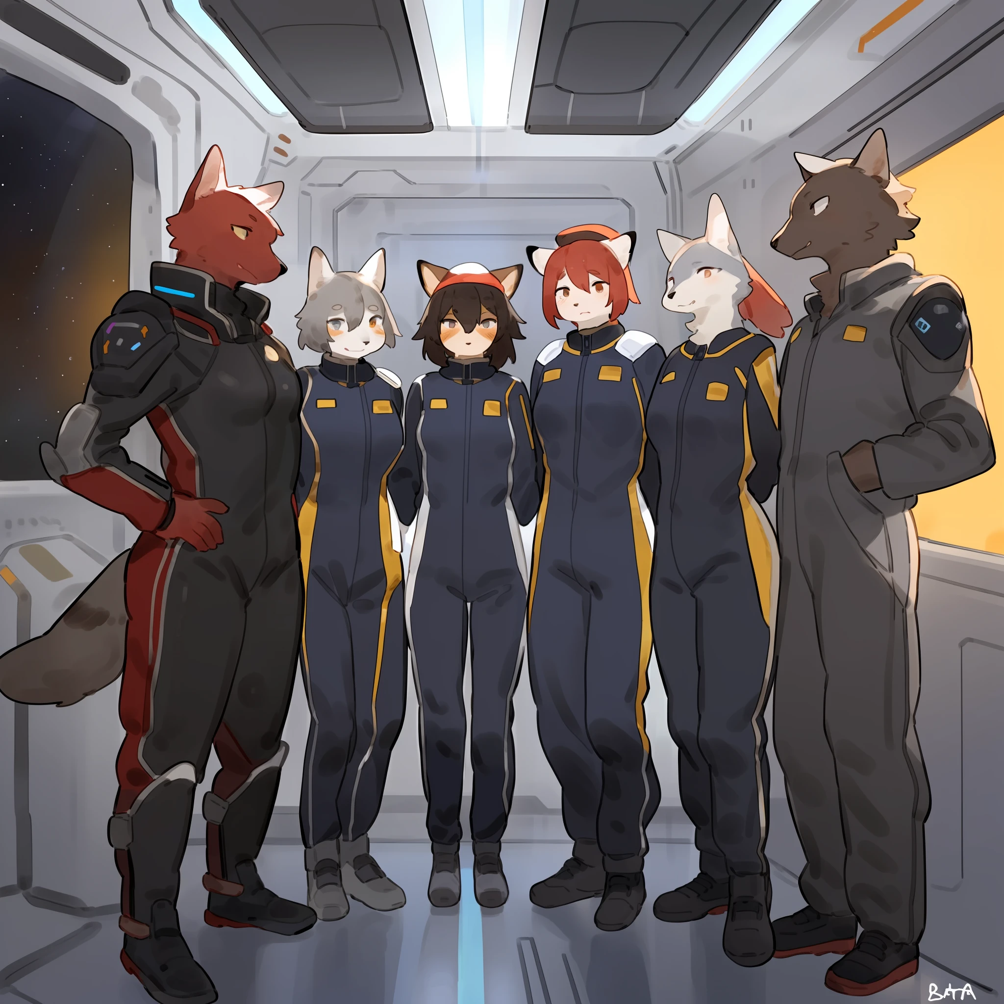 Group photo, grey uniform, grey uniforms, grey jumpsuit, grey spacesuit, female, facing viewer, standing shoulder to shoulder, standing in line, space, spaceship, window, by bebebebebe, (((by buta99))), canine, feline, hair, a diverse group of anthro characters standing shoulder to shoulder in grey spacesuit uniforms, body armor, red berets, red beret