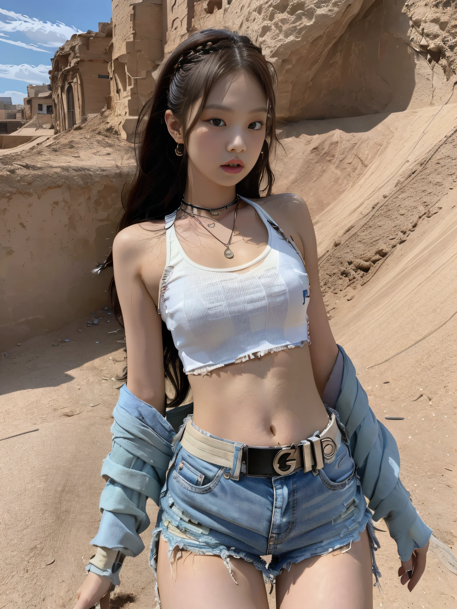 Masterpiece, superlative, realistic, Jennie wears a trendy brand. Football T-shirt, shorts, open waist, bare shoulders, cleavage, layered, long legs, wasteland punk style, background is wasteland, desert, wind and dust details complex, HD, photography lighting, 16k