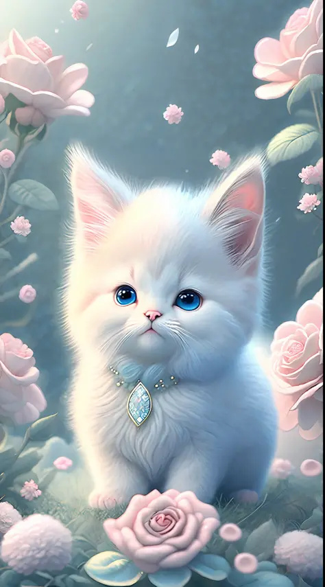 In this ultra-detailed CG art, cute kittens surrounded by ethereal roses, laughter, best quality, high resolution, intricate details, fantasy, cute animals, left, funny, left!! Mouth!!! Laugh!!!