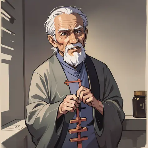 old man, holding an abacus, room, taoist uniform, horror atmosphere, sense of shade, sense of desolation, doomsday atmosphere, c...