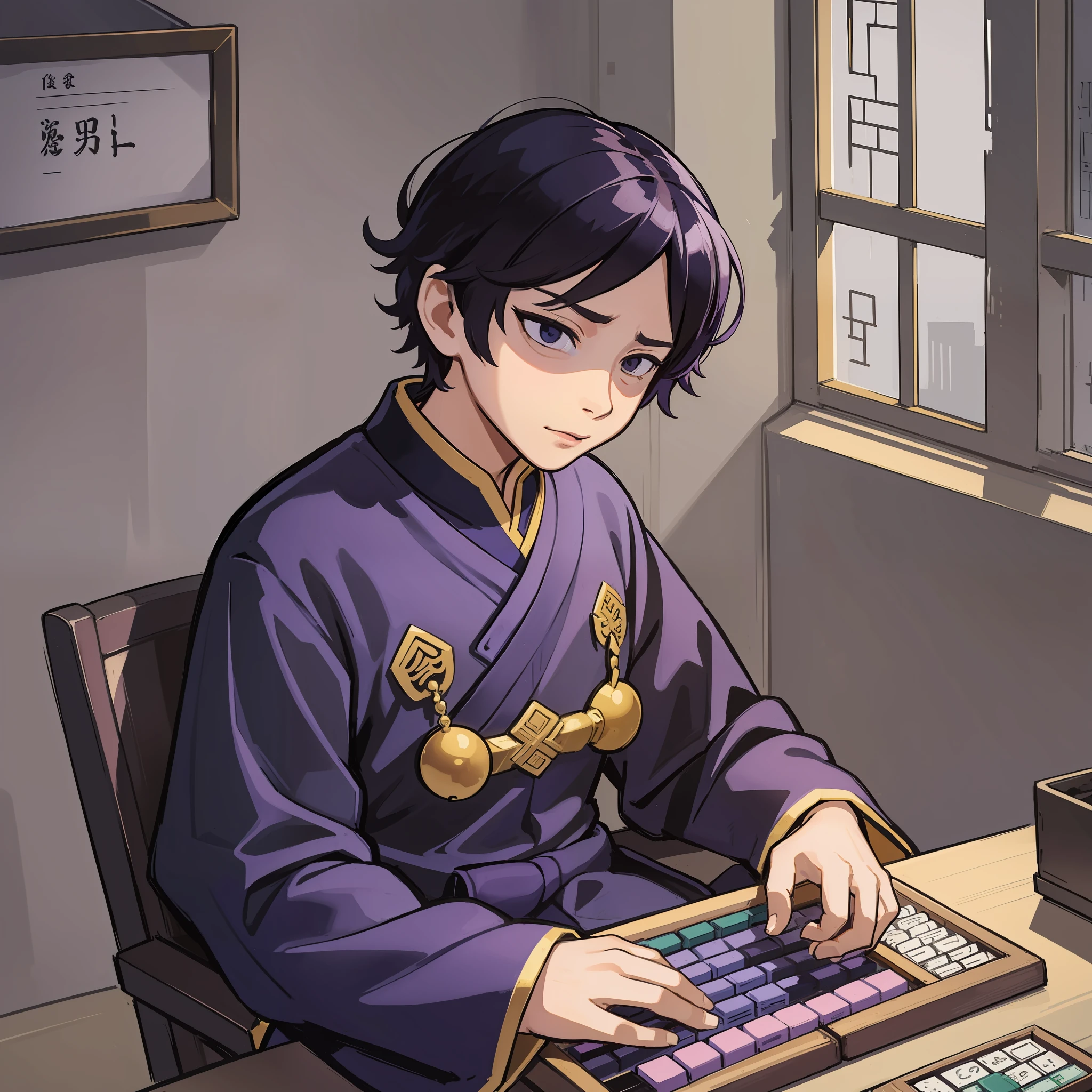 Boy, holding an abacus, table, room background, Taoist uniform, horror atmosphere, sense of shade, sense of desolation, doomsday atmosphere, cold colors, dim light, flat lines