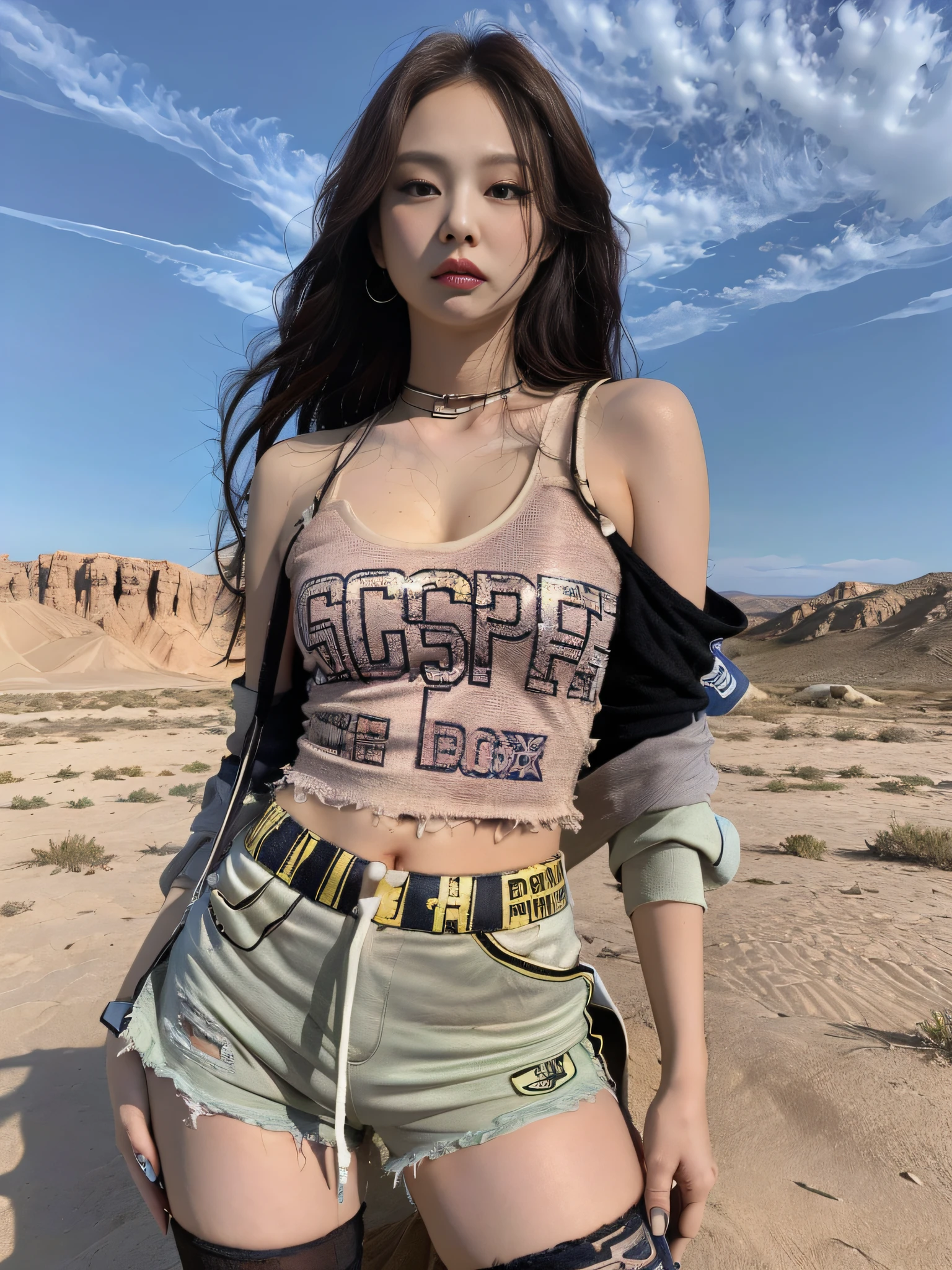 Masterpiece, superlative, realistic, Jennie wears a trendy brand. Football long t-shirt, sports shorts, open waist, bare shoulders, cleavage, layered, long legs, wasteland punk style, background is wasteland, desert, wind and dust details complex, HD, photography lighting, 16k