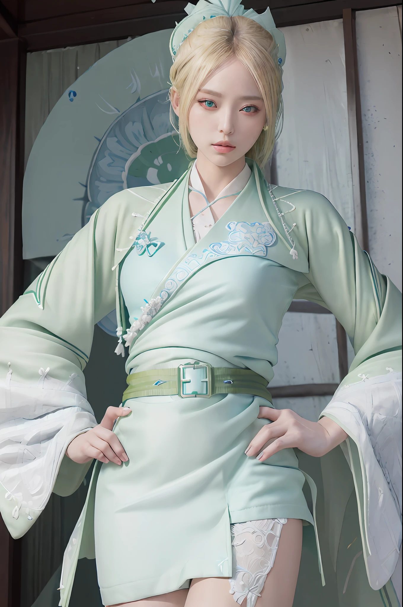 High resolution, sharp focus, pixiv masterpiece, ((intricate details)), high detail, upper body, 1 girl, mature, (blonde), ((blue diamond forehead markers, white kimono, green jacket, black cloth belt)), tsunade_senju,