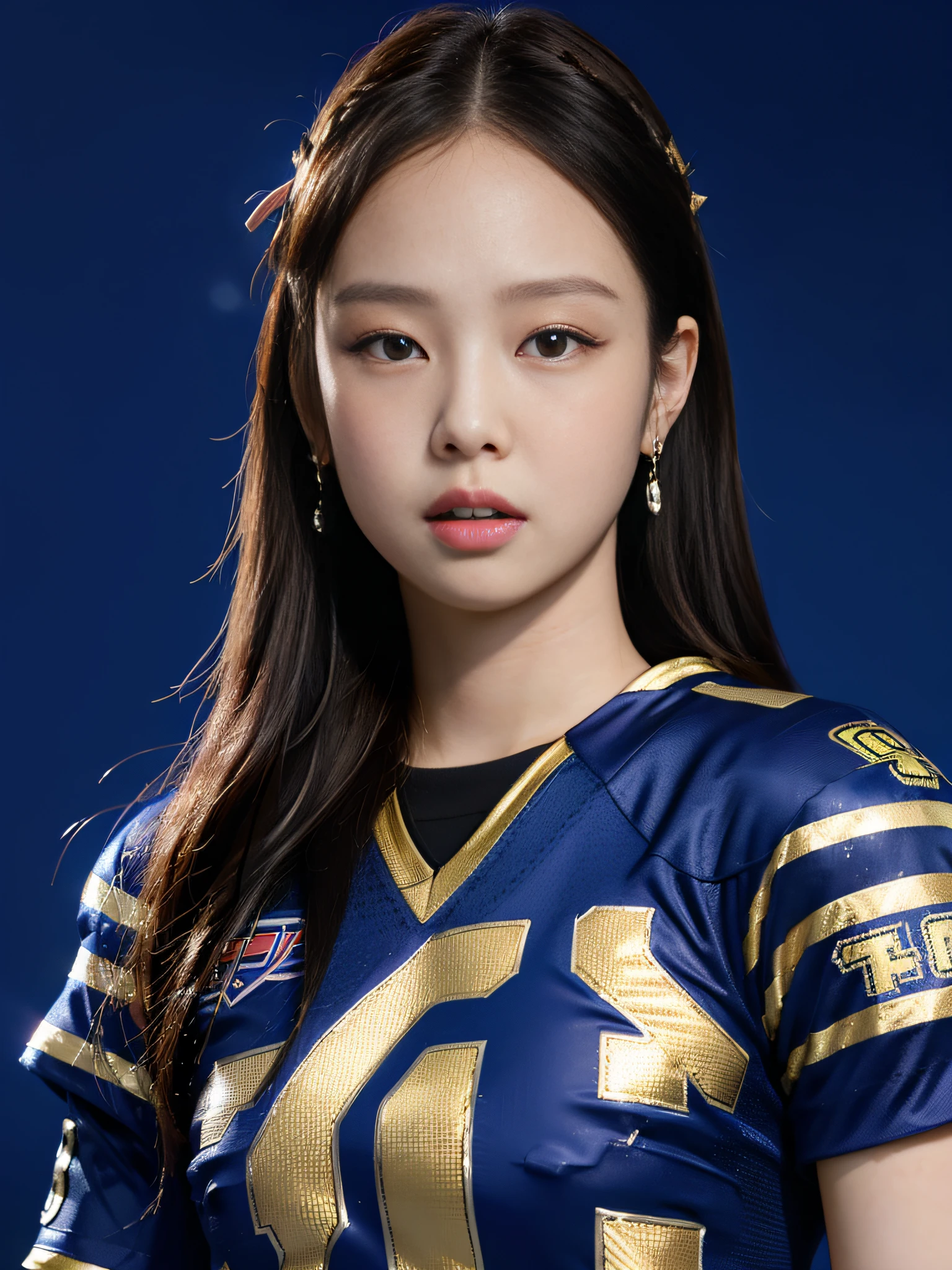 Masterpiece, superlative, realistic, Jennie wearing trendy football uniform, HD, photography and lighting, 16k