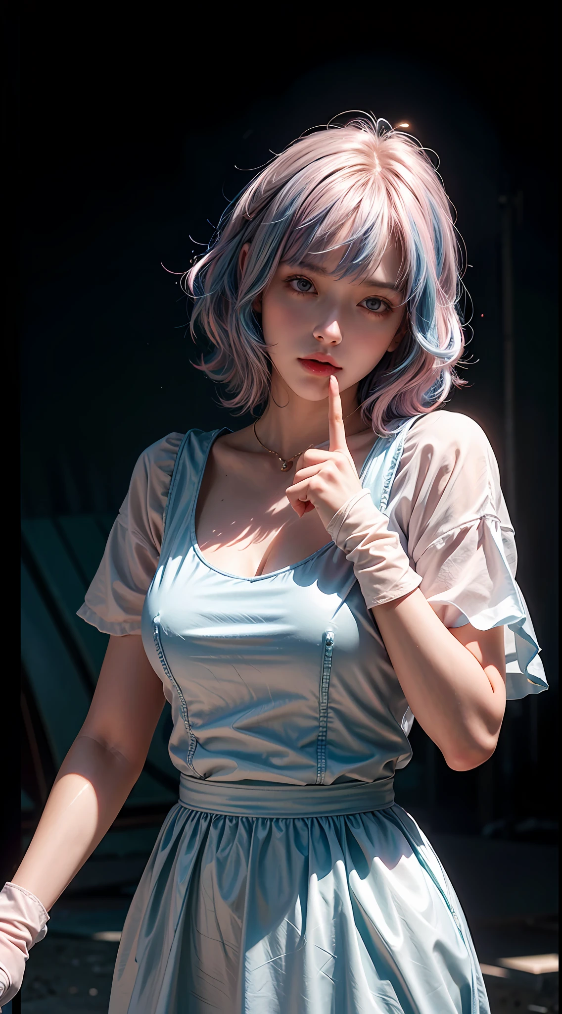 (masterpiece,realistic, best quality:1.4), excited 25yo woman, pokies,she is pointing out to the right hand side, wavy short hair, ((mix pink-blue hair)), floating hair by wind blow, solo, white gloves, gloves, looking at viewer, lovely eyes, short hair,jewelry, detailed face and eyes, delicate and beautiful face,upon_body, tyndall effect,photorealistic, dark studio, rim lighting, two tone lighting,(high detailed skin:1.2), 8k uhd, dslr, soft lighting, high quality, volumetric lighting, candid, Photograph, high resolution, 4k, 8k