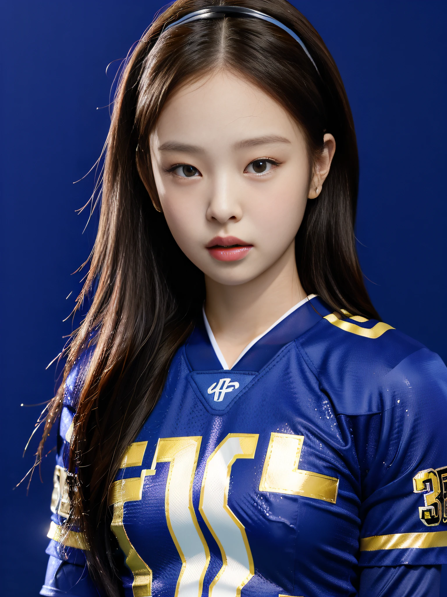 Masterpiece, superlative, realistic, Jennie wearing trendy football uniform, HD, photography and lighting, 16k