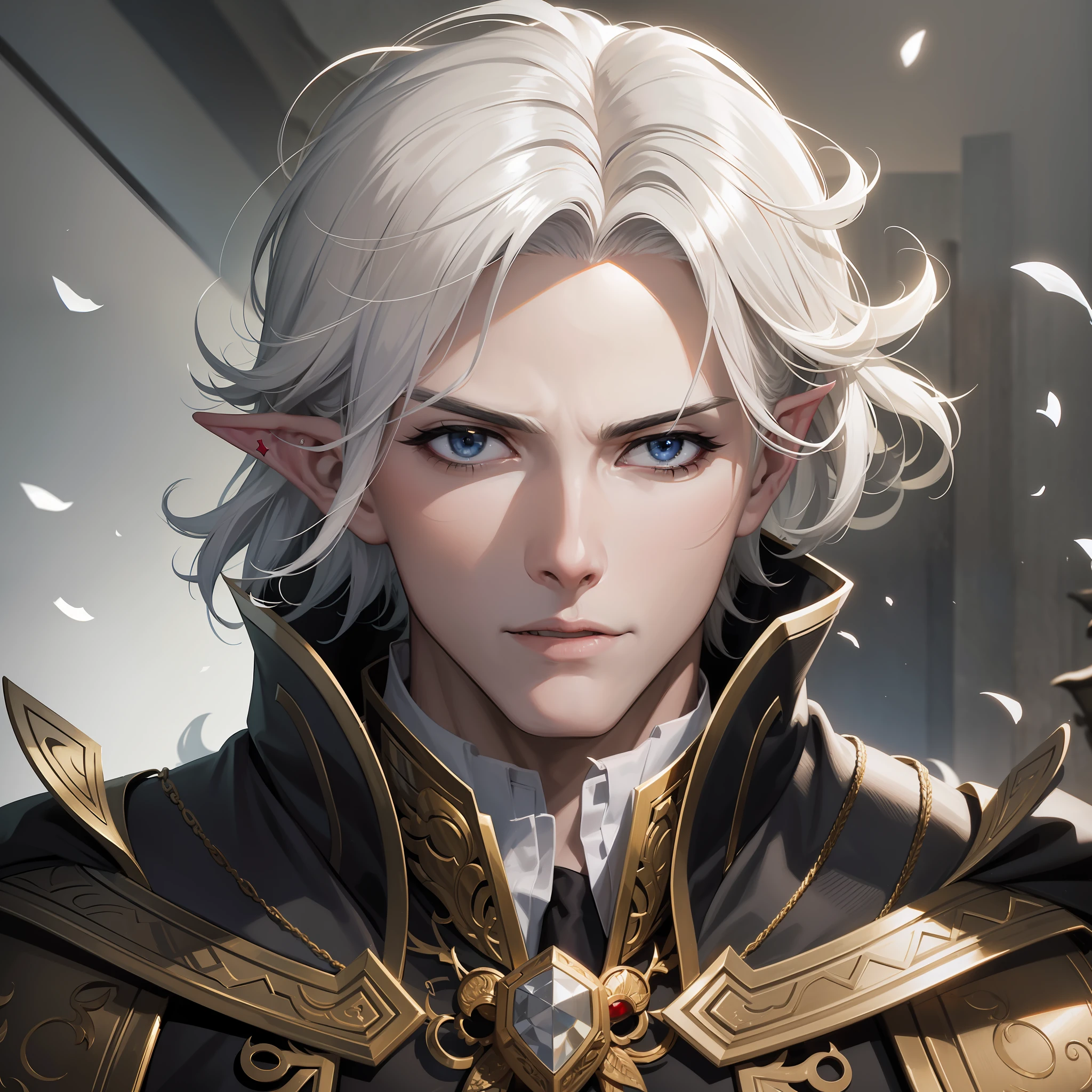 Masculine,serious, expression would be, white hair,elf, hair with white color.