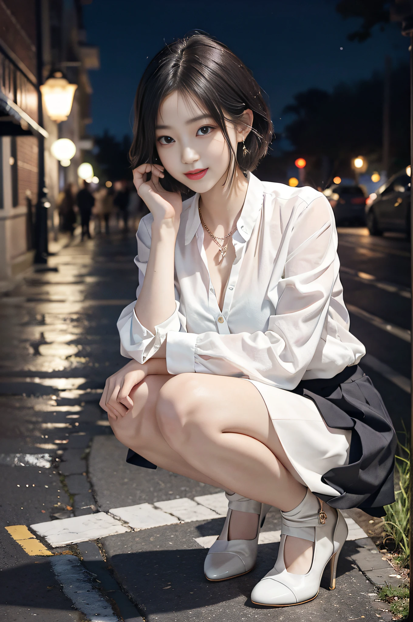 8K RAW photos, high resolution, slender Korean at 17 years old, big round breasts, formal shirt, formal skirt, very thin mouth, duck mouth, smile,, beautiful eyes in detail, slender eyes, three white eyes, cheeks, long eyelashes, beautiful double eyelids, eyeshadow, beautiful thin legs, stockings, necklace, earrings, short hair, in front of the station at night, flower bed at night, Squatting, high-end high heels