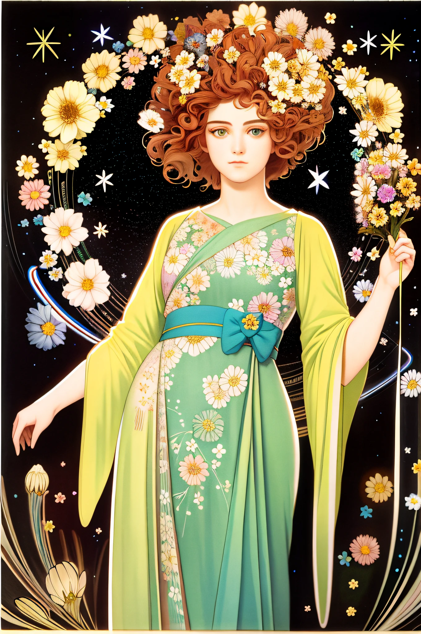 (Art Nouveau: 1.25), Minimalist Art Style, Neon Theme, Suprematism, Beautiful Detailed Flowers, Beautiful Detailed Eyes, Ultra Detailed, Flower, Super Mass, Eyes, Flowers and Hair Are the Same Color, Beautiful Color, Face, Her Hair is Turning into Flowers, Flowers, Hair, Flowers, Butterflies, 1girlkawaii,, High Detail, High Quality, Backlit, Hair and Clothes Are Flowers, Upper Body, High Quality, Hair and Body, Nudity, Upper Body, Flower Legs, Flower Hands, Body with Flowers , light particles, black background, hair and flowers, small breasts and flowers, floating hair and flowers, floating girl, plump breasts, marbling with hair and clothes, looking at the audience, original, arm down, paper cutout, starry sky, flower field, hair and flower, high, hair and flower, hair and flower, hair, wavy curls, diffuse lighting, abstract, butterfly and body, flower with hair, her hair is flower, floating, pupil, [[hair on one eye]], dark