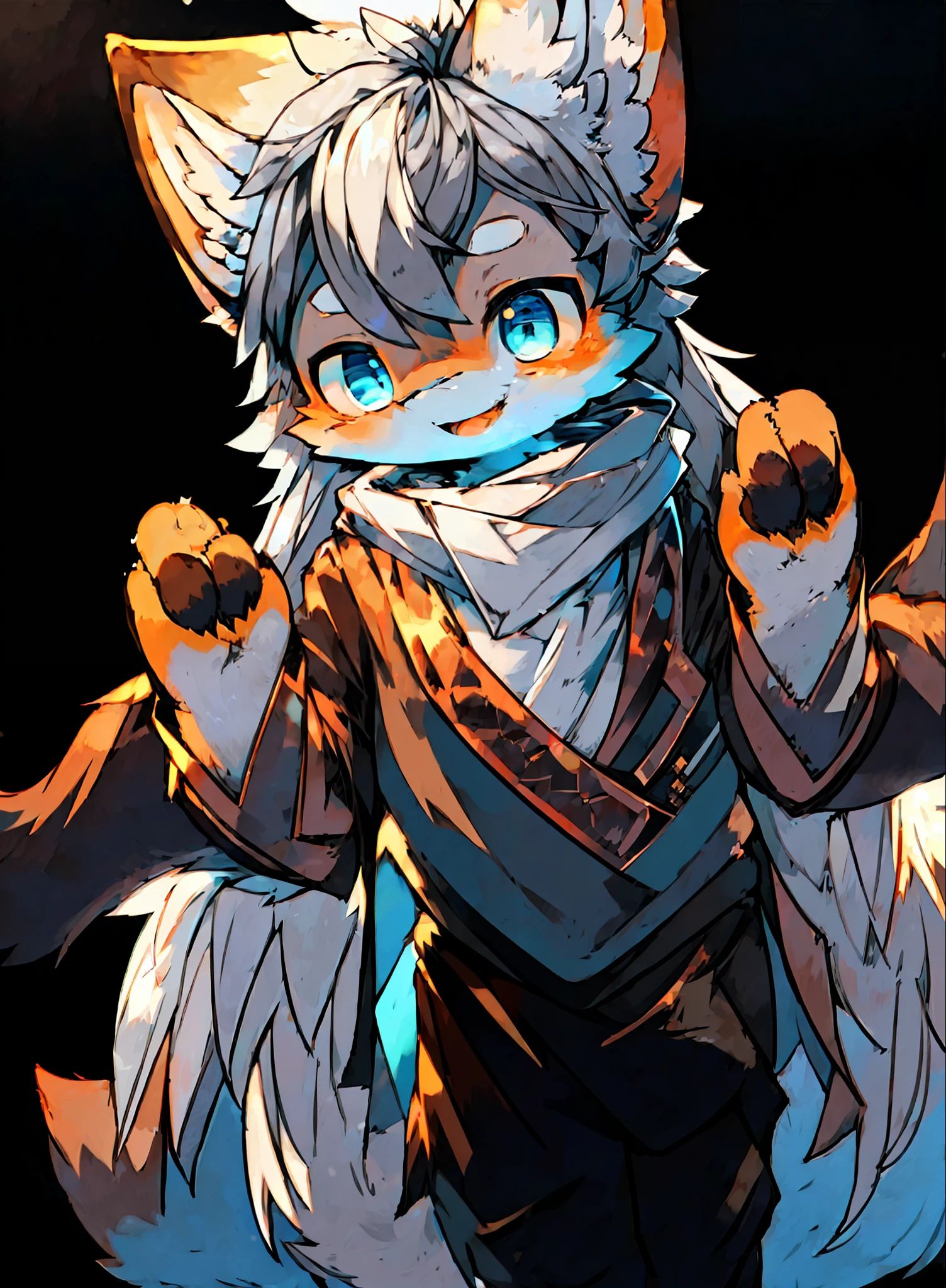 (1 boy: 1.3), fox boy, (furry: 1.5), blue eyes, body fur, super cute face, beautiful light and shadow, ambient light, super detailed fur, full body, perfect illumination, light particles, (masterpiece), (super detailed), sharp focus, light particles, niji, eye look, blush, colored hair, long hair, silver hair, smile, solo, look at the audience, smile, solo, animal ear fluff, tail, open mouth, depth of field, (best quality) JW3, modern clothing