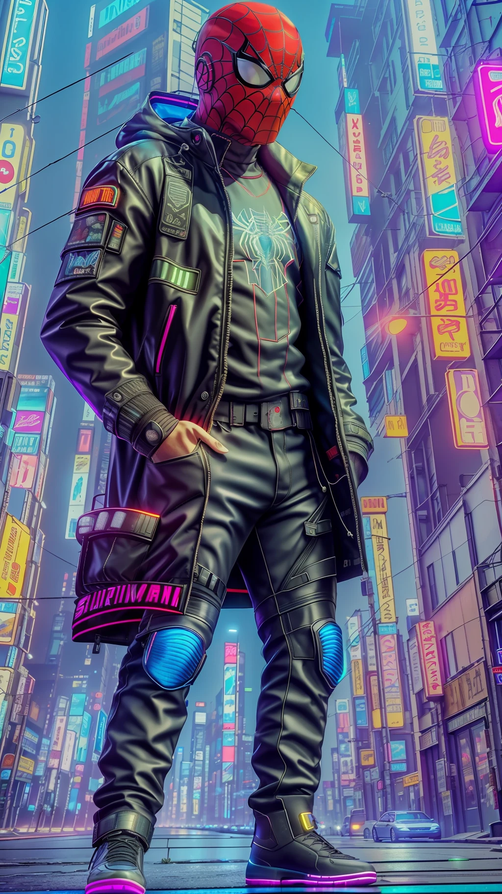 (8k, photo brute, Meilleure qualité, chef-d&#39;œuvre: 1.2), (photoréaliste: 1.6) ,Une belle ville cyberpunk, un Spider Man cyberpunk avec un manteau cyberpunk,néon --auto --s2