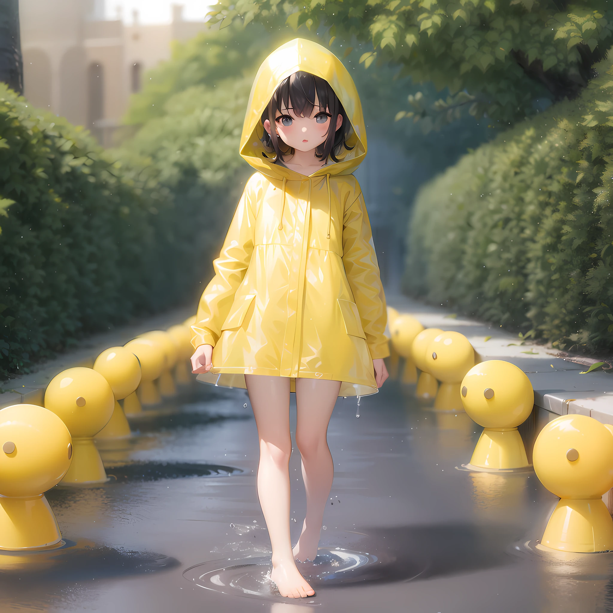 Girl in yellow raincoat, optimize hair details, optimize facial expressions, optimize palm movements, smooth skin, highlight the texture of raincoat gel coat, highlight the translucent texture of raincoat, no underwear, no underwear under raincoat, no underwear at the neck