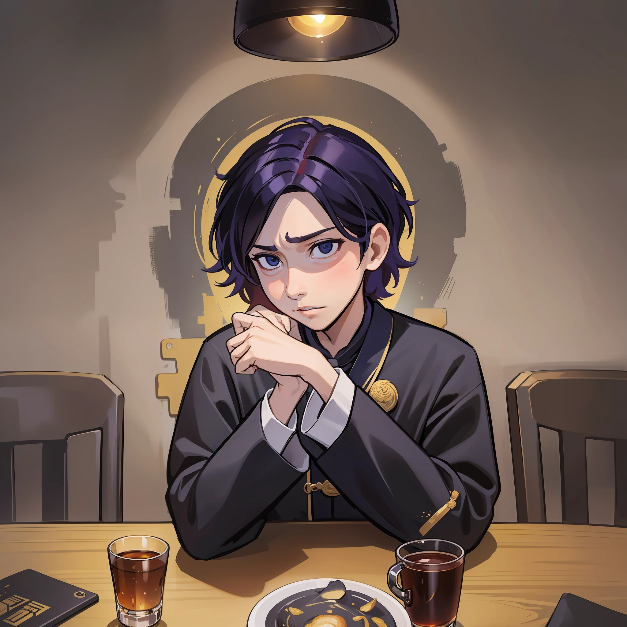 Boy, dining table, serious expression, room background, Taoist uniform, horror atmosphere, coolness, desolation, doomsday atmosphere, cold colors, dim light, flat lines