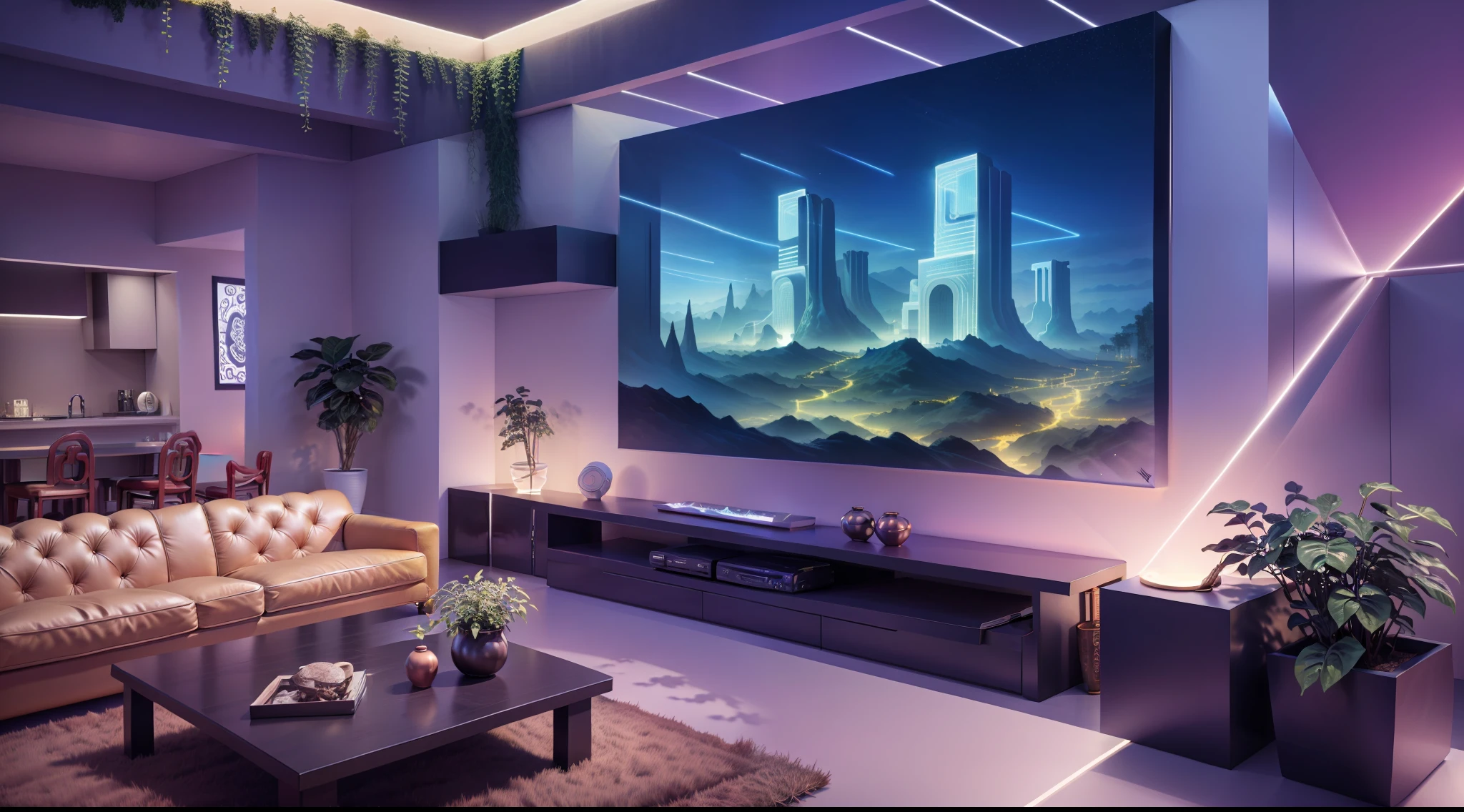 Future living room, strong sense of technology, sofa, coffee table, TV, (panorama), potted plants, background light, high quality, super fine, detailed, accurate, (masterpiece), master work, (16k resolution), movie lighting, dynamic perspective, Chinese mythology, master work, best picture quality, (Tyndall effect)