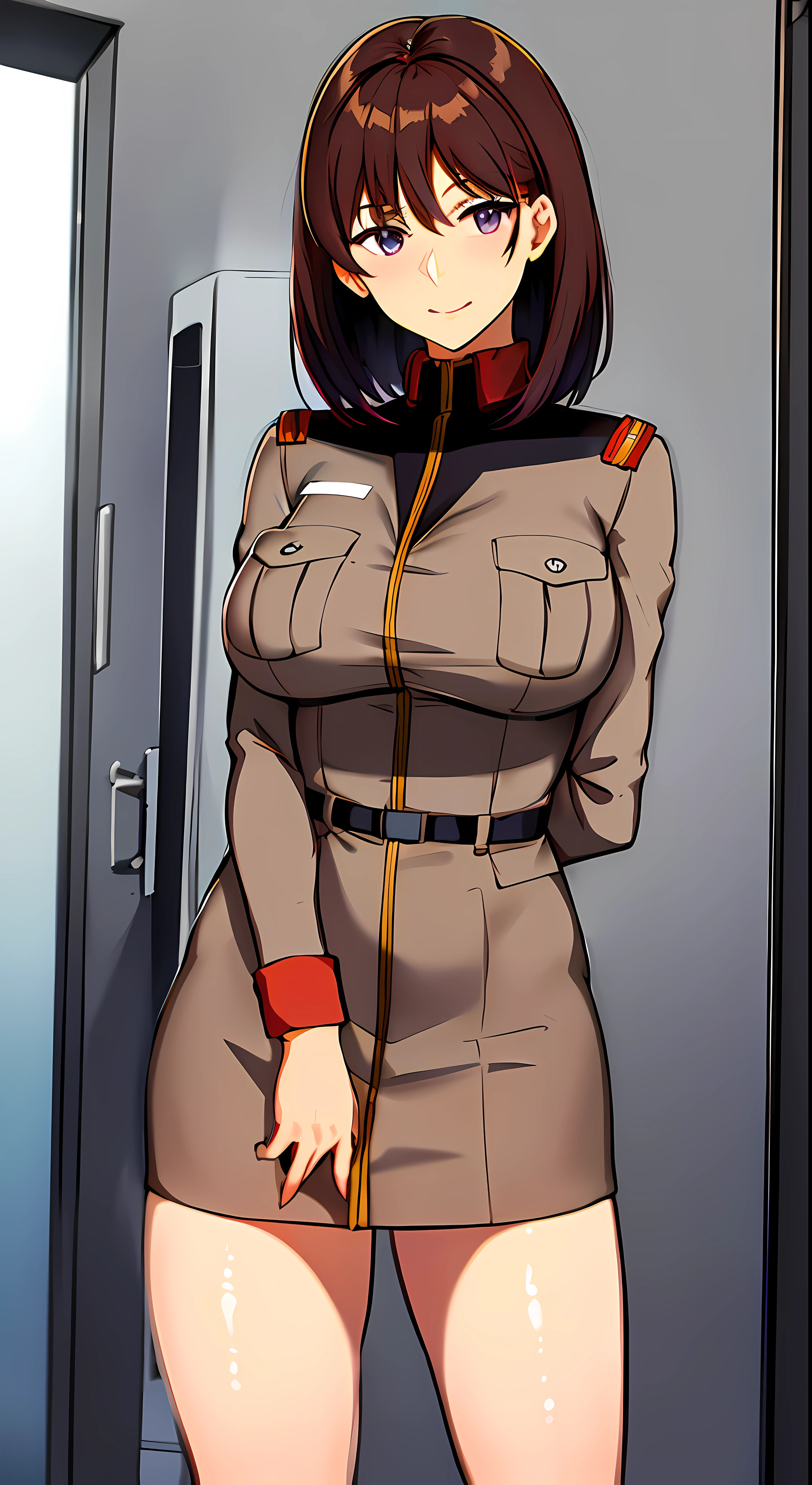 ((Beautiful purple eyes)),  anime girl in uniform posing in a hallway with her hands on her hips, (sfw) safe for work, anya from spy x family, in uniform, red uniform, cushart krenz, female protagonist 👀 :8, cushart kenz, fully - clothed!!!, in a soldier uniform, makoto shinka, jk uniform