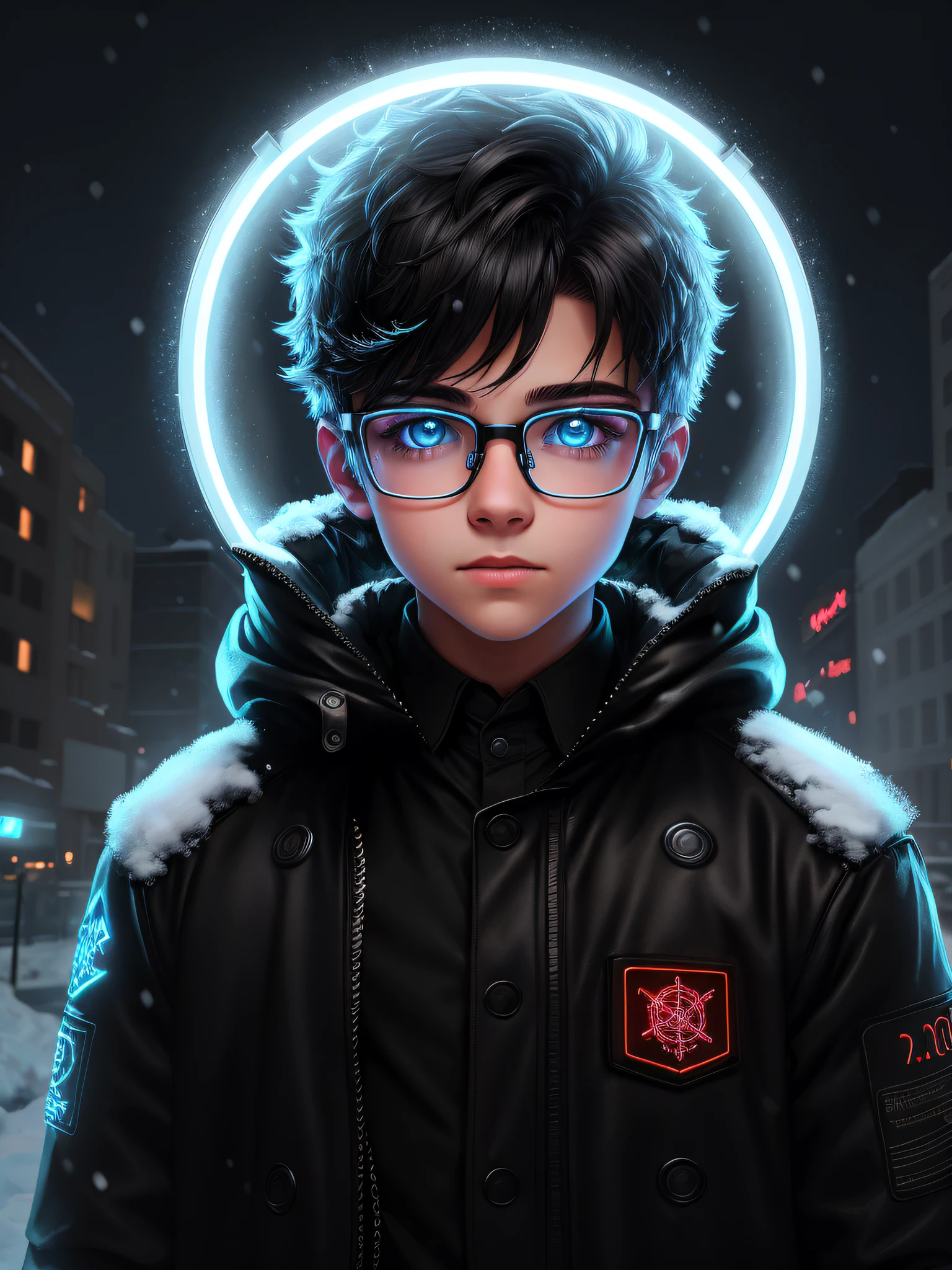 snow apocalypse portrait of a super cute boy , boy with glasses , dark light , neon sign , haunting atmosphere , digital art , intricate , 8k resolution , super high quality ,